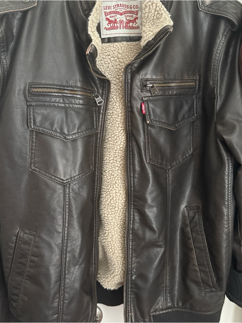 Levi's Dark Brown Leather Jacket with Cream Sherpa Lining